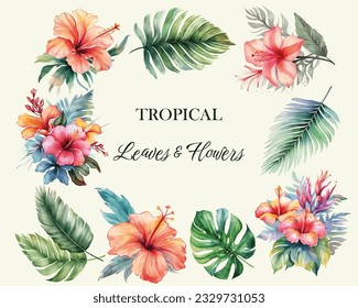 Tropical vector flowers. Watercolor floral illustration. Set of exotic flowers and leaves. Tropical collection