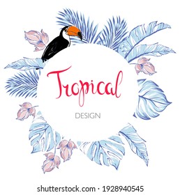 Tropischer Vektorflyer mit exotischen Pflanzen und Palmenblättern. Werbevorlage. Sommerdesign.