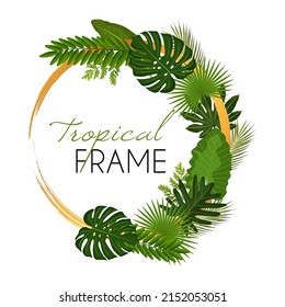 Volante vectorial tropical con plantas exóticas y hojas de palma. Plantilla de publicidad. Diseño de impresión de verano.
