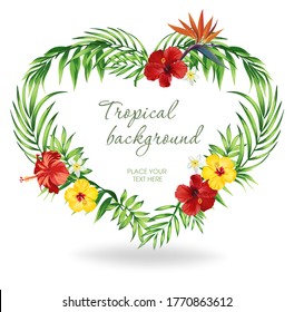 Tropical vector frame with exotic palm leaves and hibiscus flowers. Summer botanical background. Template for invitation.