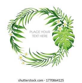 Marco vectorial tropical con hojas de palma exóticas. Plantilla de verano.