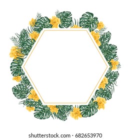 Tropical vector frame with leafs and flowers