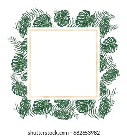 Tropical vector frame with monstera and palm leafs