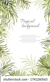 Tropical vector frame with palm leaves and exotic flowers. Summer baskground.