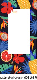 Tropical vector frame with place for text. Bright exotic flowers, palm leaves and fruit.
