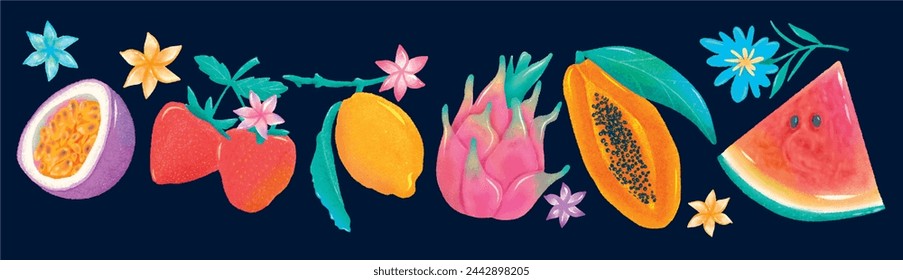 tropical vector fruits set isolated collection elements passionfruit strawberry lemon dragon papaya watermelon tropical Vegan kitchen healthy summer illustration on dark background exotic flowers