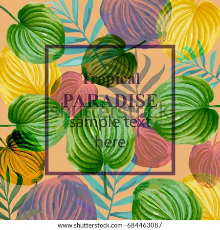 Tropical vector green card. Summerl template design with palm leaves and exotic flower