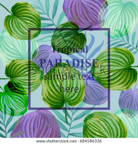Tropical vector green card. Summerl template design with palm leaves and exotic flowers