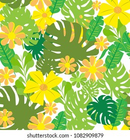 Tropical vector green leaves seamless pattern white background. Exotic wallpaper