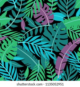 Tropical vector green leaves seamless pattern. Exotic wallpaper.