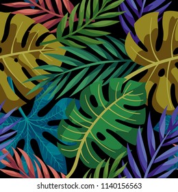 Tropical vector green leaves seamless pattern. Exotic wallpaper.