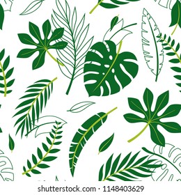 Tropical vector green leaves seamless pattern. Exotic wallpaper. Summer design.
