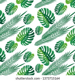 Tropical vector green leaves seamless pattern white background. Exotic wallpaper. tropical leaves. nature, background print