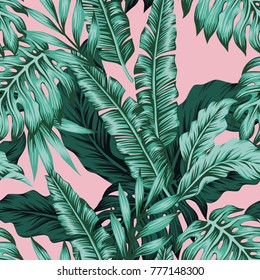 Tropical vector green leaves seamless pattern pink background. Exotic wallpaper - Shutterstock ID 777148300