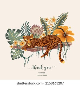 Tropical vector greeting card. Tiger, palm trees, green leaves, monstera, exotic flowers summer illustration