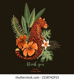 Tropical vector greeting card. Tiger, palm trees, green leaves, monstera, exotic flowers summer illustration on black