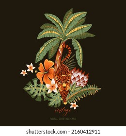 Tropical vector greeting card. Tiger, palm trees, green leaves, monstera, exotic flowers summer illustration on black