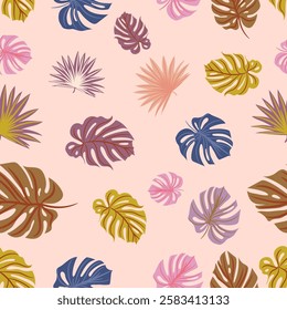 Tropical vector hand drawn seamless pattern with colorful palm leaves