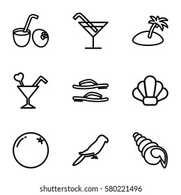 tropical vector icons. Set of 9 tropical outline icons such as parrot, orange, Cocktail, cocktail, drink coconut, island, flip flops