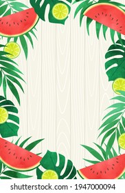 Tropical vector illustration background (landscape, copy space) such as monstera, palm trees and watermelon on a white wooden board