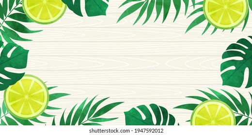 Tropical vector illustration background (landscape, copy space) such as monstera, palm trees and lime on a white wooden board