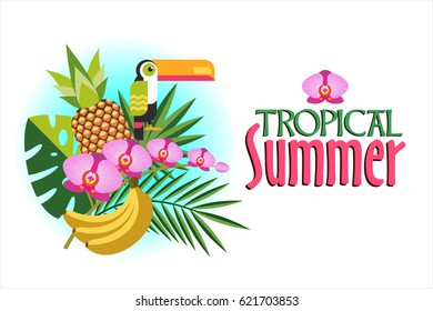 Tropical vector illustration. Bright, exotic plants and bird Toucan. Juicy pineapple and banana, bright Orchid.