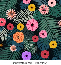 Tropical vector illustration with bright flowers