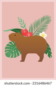 Tropical vector illustration with a capybara and plants.
