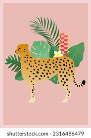 Tropical vector illustration with a cheetah and plants.