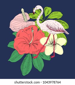 Tropical vector illustration with flamingo and flowers.