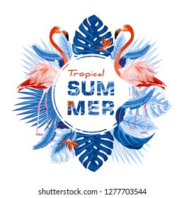 Tropical vector illustration with flamingo and tropical palm leaves, plants, bird of paradise. Round frame. 