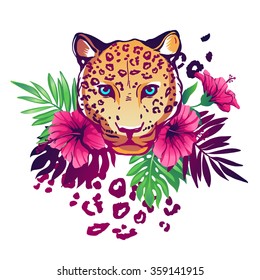 Tropical vector illustration with leopard and exotic flowers isolated on white background.