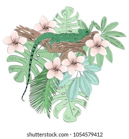 Tropical vector illustration with lizard and flowers.