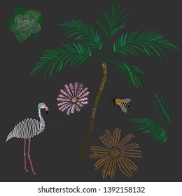 Tropical vector illustration in minimalistic cartoon style for any purposes. Leaves, flowers, palm, flamingo and bee on the dark background with embroidery effect