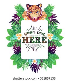 Tropical vector illustration with place for your text and tropical elements, leopard, pineapples, exotic flowers and leaves isolated on white background.