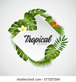 Tropical Vector Illustration with Place for Your Text. Exotic Plants Background, Frame Design with Leaves