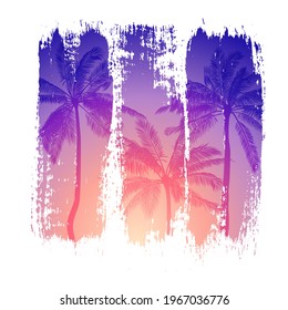 Tropical vector illustration of sunset and silhouettes of palm trees with colorful brush strokes. Isolated template for print and design in botanical style. Summer poster in purple tones.