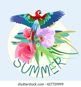 Tropical vector illustration with  text on it, parrot  color of green, blue and red on tropical flowers leaves, background of the rising sun in the sky, fashion design banner SUMMER TIME,  prints