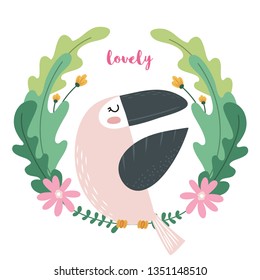Tropical vector illustration with toucan, flowers and palm leaves. Hand drawn vector illustration. Design for  cards, posters, cards, t-shirts, book, textile.
