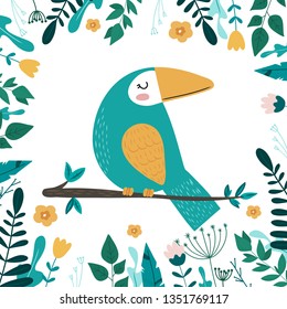 Tropical vector illustration with toucan, flowers and palm leaves. Hand drawn vector illustration. Design for  cards, posters, cards, t-shirts, book, textile.