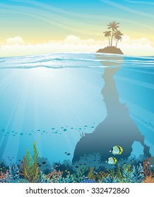 Tropical vector illustration - underwater cave with coral reef and school of fish under island with palms on a blue sky.