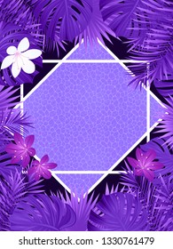 tropical vector illustration. vertical frame with tropic plants, flowers and swimming pool. Violet, purple colors. fresh idea for spring, summer, pool party designs. Bright colors.