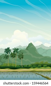 Tropical vector landscape with palms and mountains