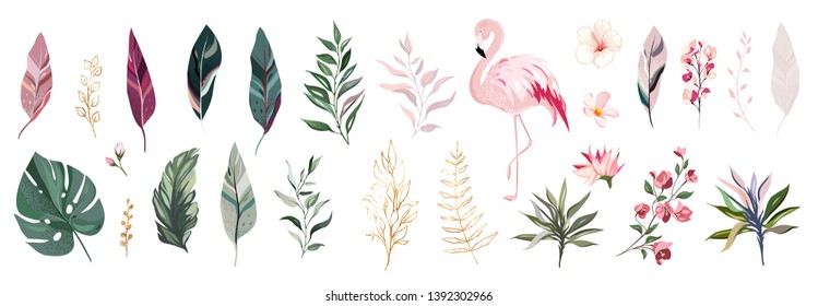 Tropical vector leaf with gold, flowers and flamingo. set  floral illustration. exotic Leaves isolated on white background. collection with flowers for invitation