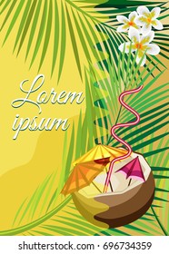 Tropical vector leaflet with coconut cocktail and tropical plants