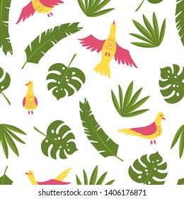Tropical vector leaves and birds seamless pattern white background. Exotic wallpaper.