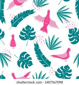 Tropical vector leaves and birds seamless pattern white background. Exotic green wallpaper.