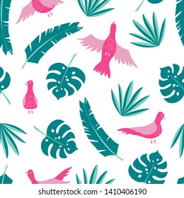 Tropical vector leaves and birds seamless pattern white background. Exotic wallpaper.