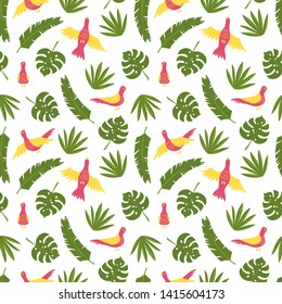 Tropical vector leaves and birds seamless pattern white background. Exotic wallpaper.