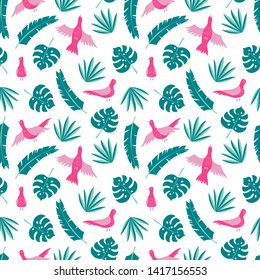 Tropical vector leaves and birds seamless pattern white background. Exotic green wallpaper.